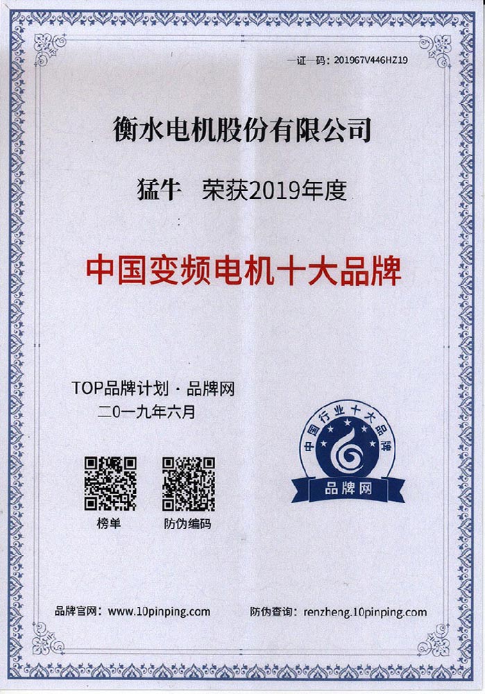 中國變頻電機十大品牌證書(shū)